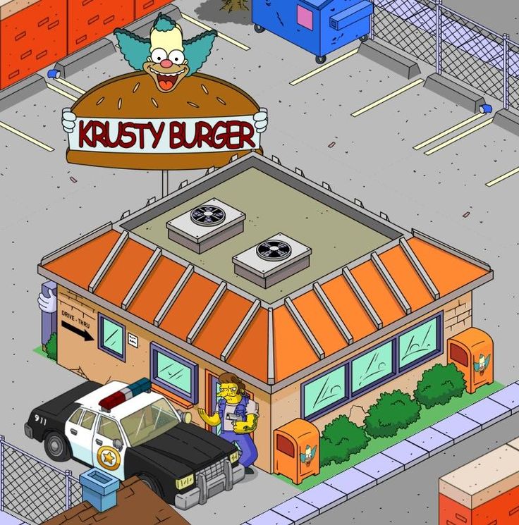 the simpsons character is in front of a burger restaurant with an orange roof and sign that says krusty burger