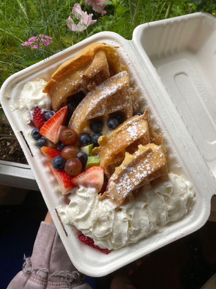 a plastic container filled with fruit and whipped cream