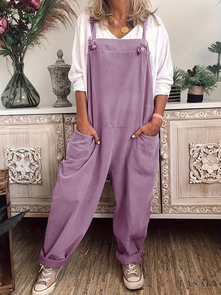 Lasaky - Adjustable Loose Suspender Pants with Solid Color, Casual Pocket Jumpsuit Tied with Belt Plus Size Overalls, Suspenders Casual, Plus Size Jumpers, Overalls Casual, Fancy Shirt, Pocket Jumpsuit, Suspender Pants, Linen Jumpsuit, Plus Size Jumpsuit