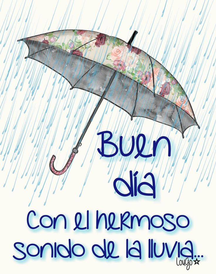 an umbrella with the words buen cia written on it in spanish, and rain falling down