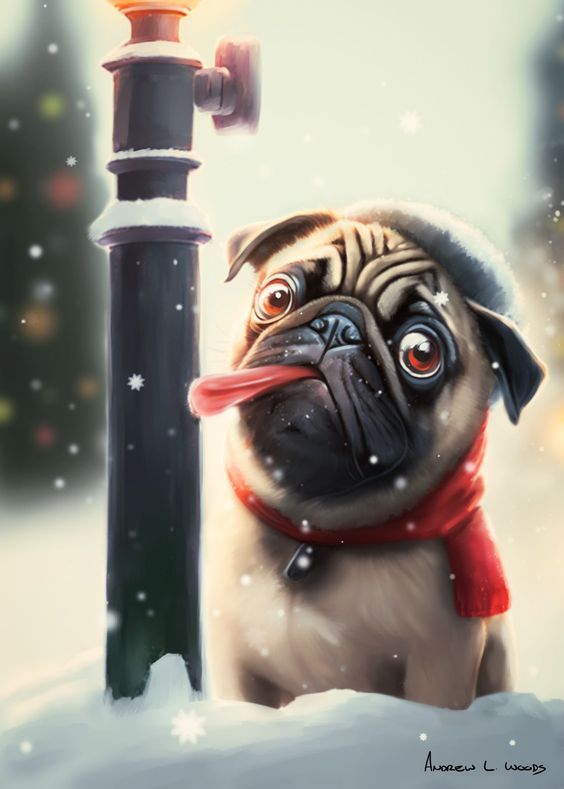 a painting of a pug dog wearing a scarf and holding a street light in the snow