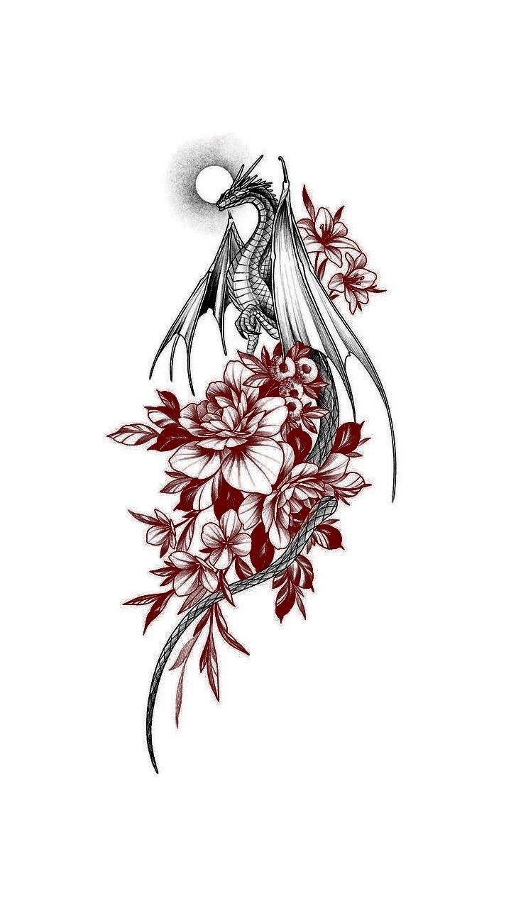 a dragon and flowers tattoo design