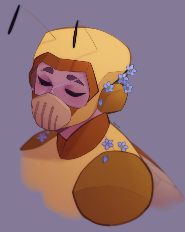 a cartoon character wearing a yellow and brown outfit with blue flowers on it's chest