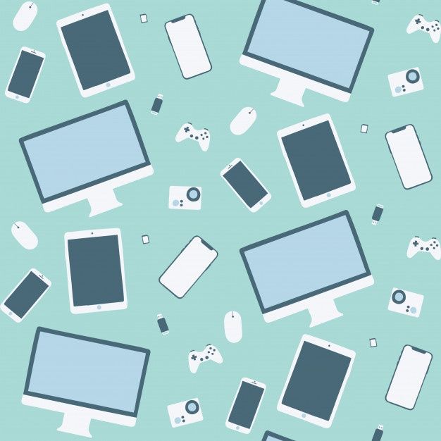 many electronic devices are scattered around each other on a blue background with white and gray shapes