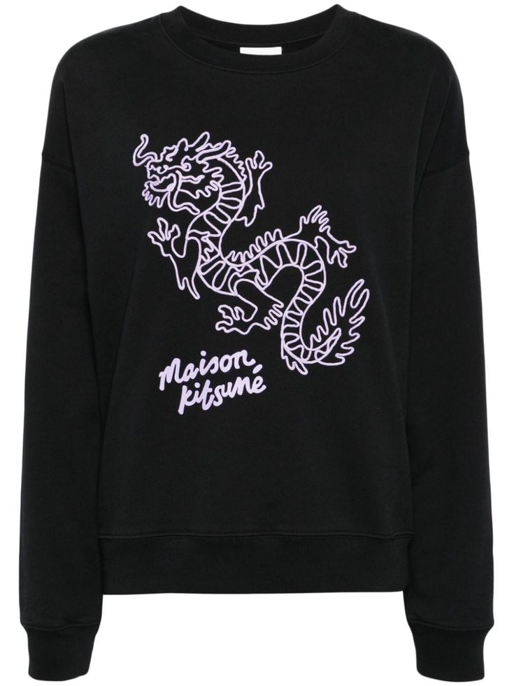 black/lilac cotton embroidered design logo print to the front crew neck drop shoulder long sleeves ribbed trim straight hem Chinese Dragon, Embroidered Design, Design Logo, Active Wear For Women, Logo Print, Drop Shoulder, Sweater Top, Lilac, Top Brands