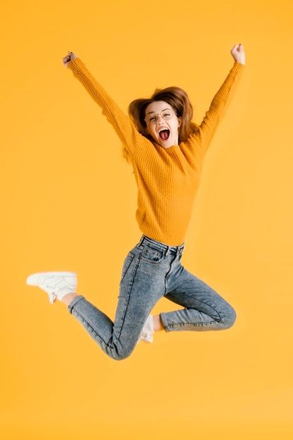 Portrait young female jumping Free Photo Happy Jumping Pose Reference Drawing, Woman Model Photography, Jumping Photography, Happy Pose, Jumping Pictures, Woman Jumping, Jumping Poses, Joker Drawings, Stylish Dp