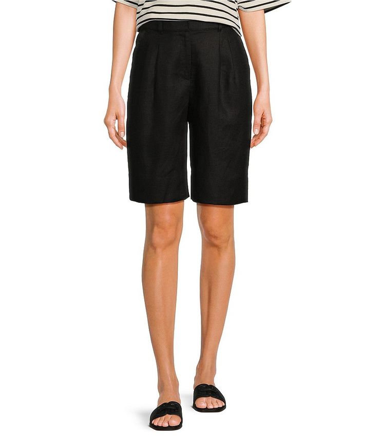 Le' AL.X High Rise Linen Bermuda Trouser Shorts | Dillard's Linen Bermuda Shorts, Black Bermuda Shorts, Trouser Shorts, Minimalist Aesthetic, Black Linen, Dillard's, Short Outfits, Bermuda Shorts, Timeless Fashion