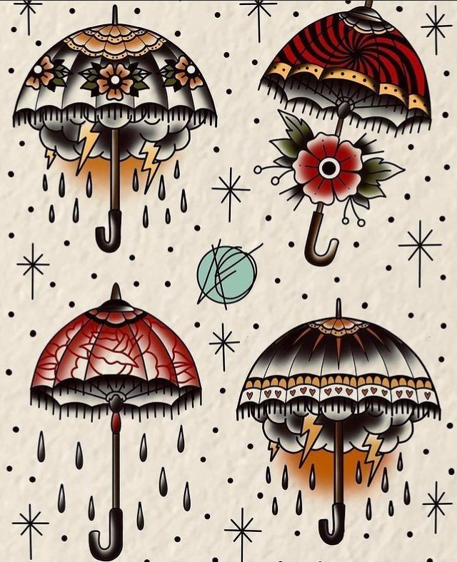 four umbrellas with different designs on them, one has flowers and the other has rain drops