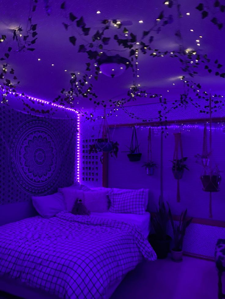 a bedroom with purple lighting and bed in the middle is lit up by string lights