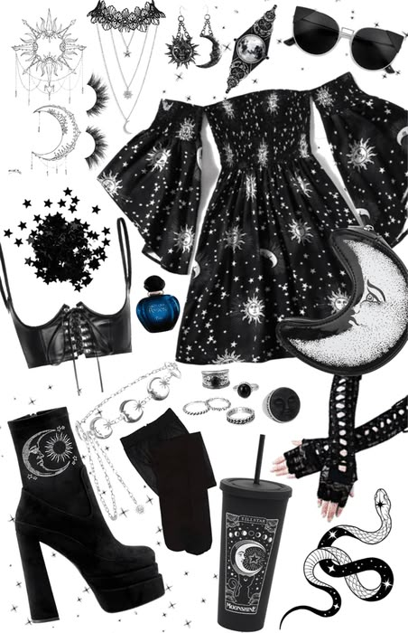 Star Witch Aesthetic Outfit, Astrology Themed Outfits, Space Goth Fashion, Galaxycore Style, Moon Theme Outfit, Cool Witch Outfits, Glam Witch Outfit, Celestial Themed Outfits, Cosmicore Outfits