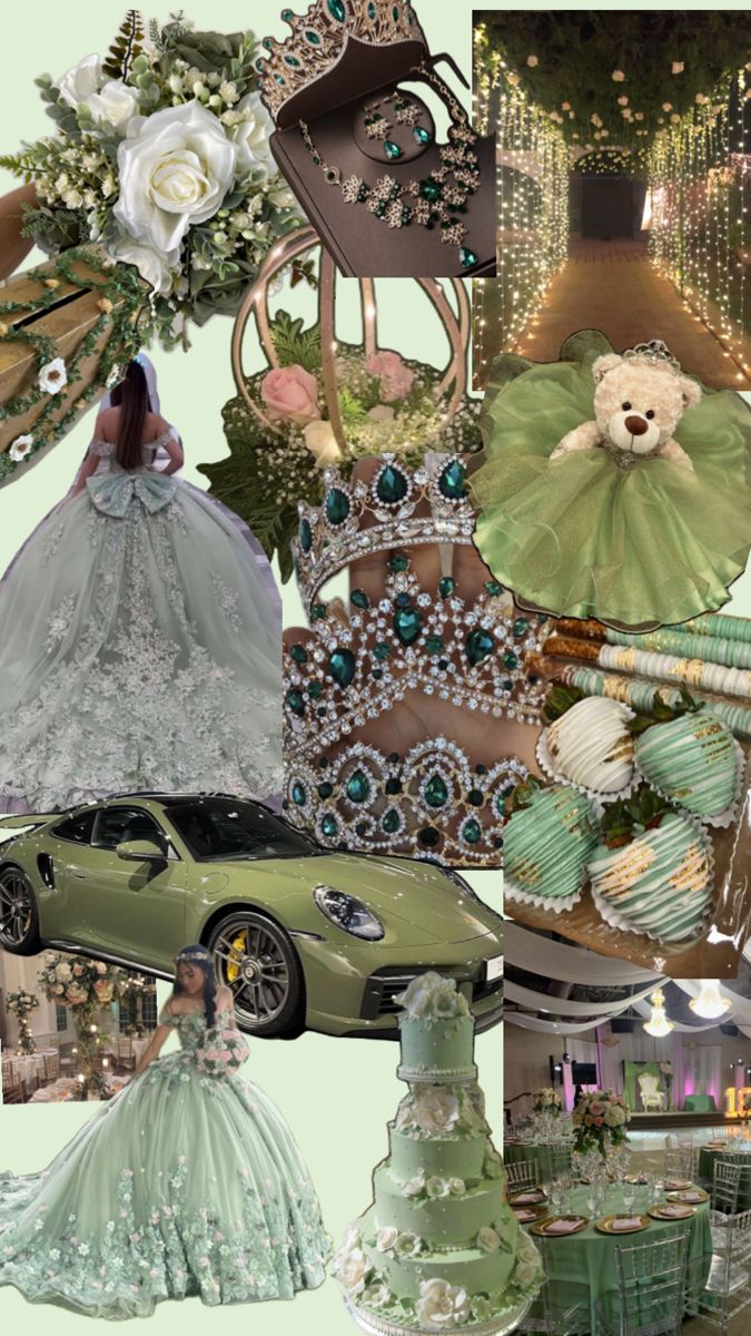 a collage of wedding dresses, tiaras, and jewelry with a car in the background