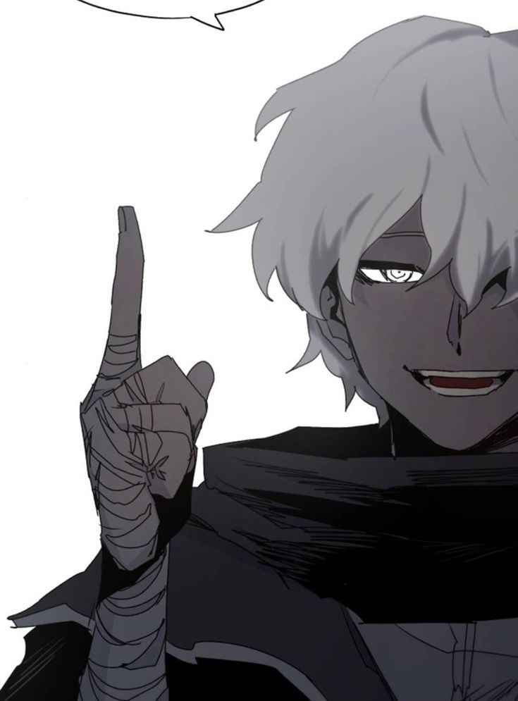 an anime character with white hair pointing to the side and holding his finger up in front of him