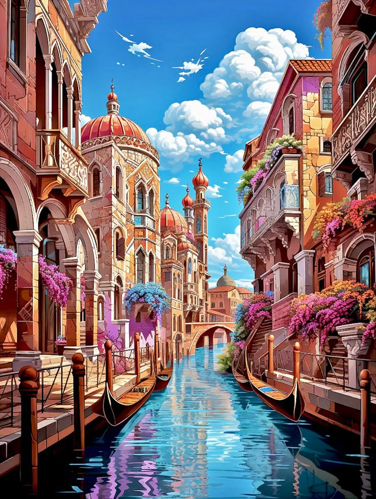 a painting of a canal with buildings and flowers