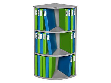 three tiered bookcase with blue and green books