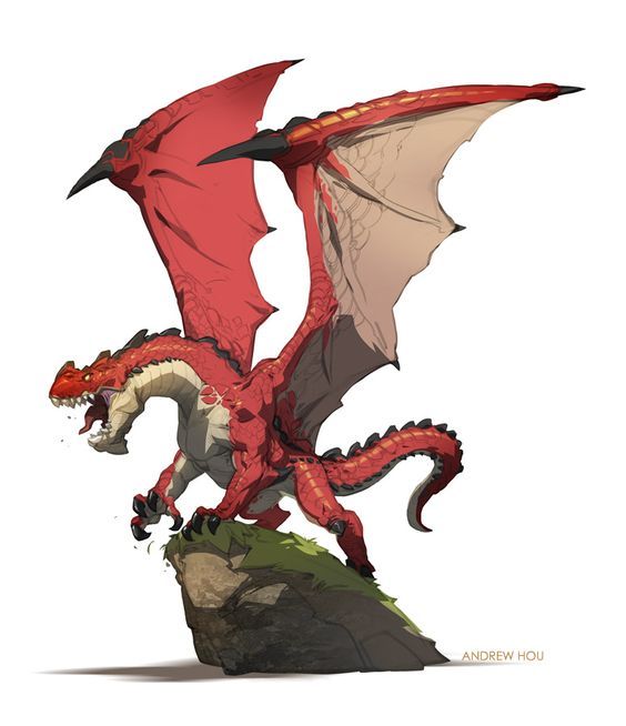 a red and white dragon sitting on top of a rock