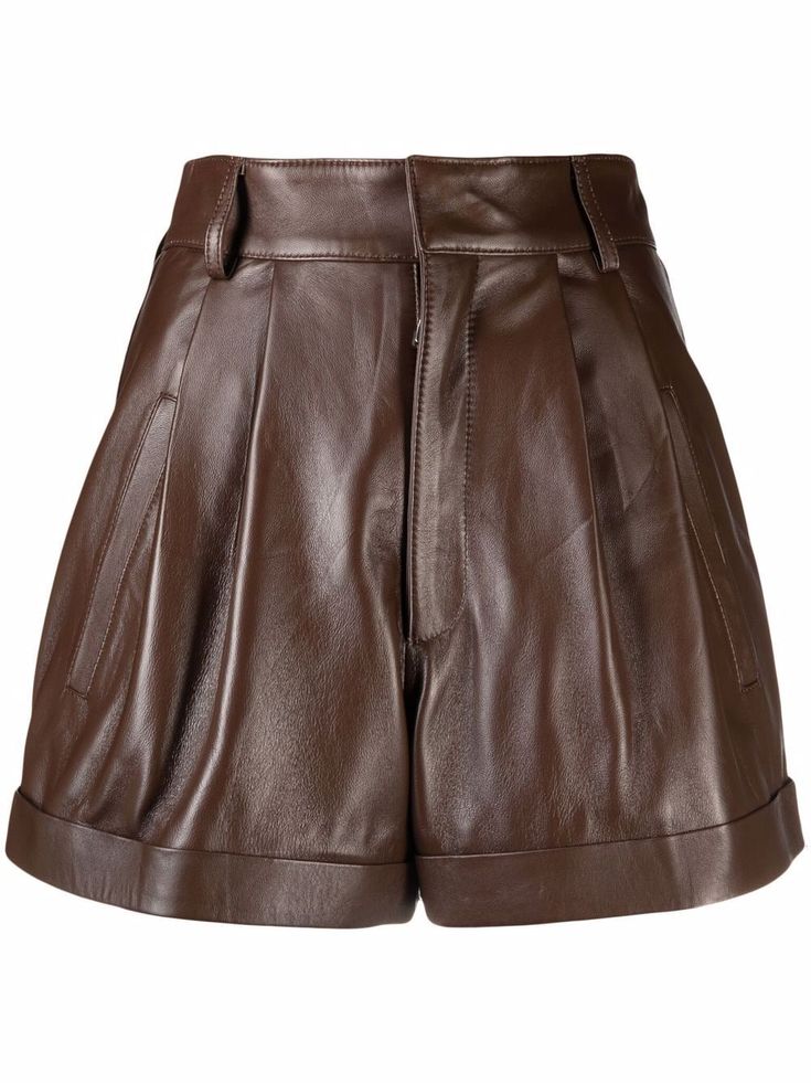 Find MANOKHI Jett Leather Shorts on Editorialist. chocolate brown leather pleat detailing high-waisted belt loops zip fly fastening turn-up hem two diagonal pockets to the sides Brown Leather Shorts, Street Mode, Short Cuir, Leather Shorts Women, Short Leather Skirts, Sides Easy, Leather Jumpsuit, Studded Jacket, Shearling Vest