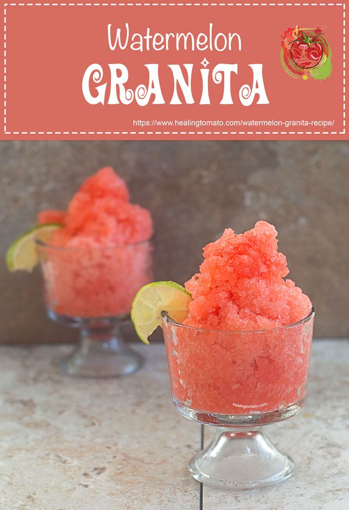 watermelon granita in small glass dishes with lime wedges on the rim