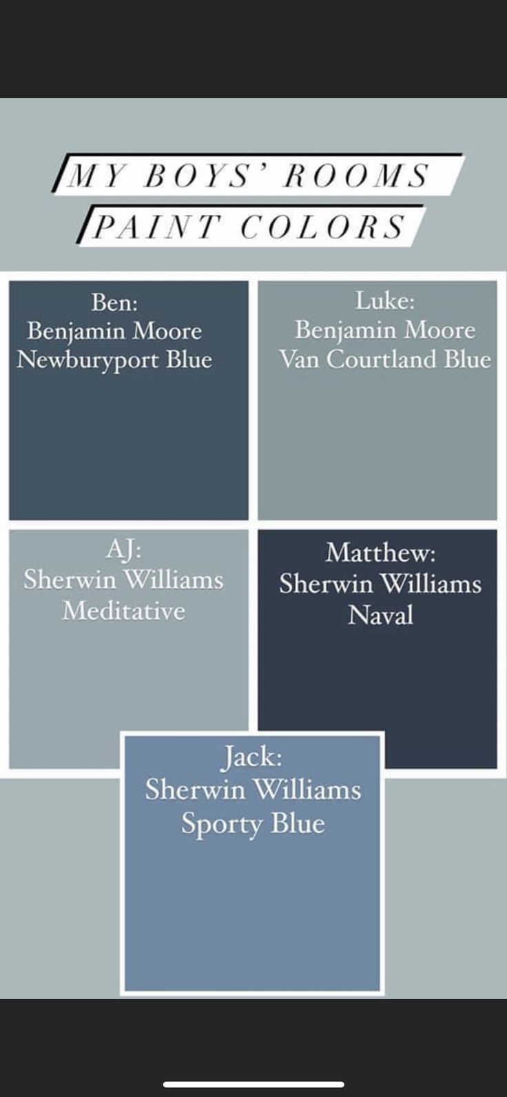 the cover of my boys rooms paint colors, including blue and grays with text that reads