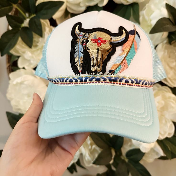 Hi! This Is A Custom Designed Trucker Hat By Me! Casual Baseball Cap For Summer Rodeo, Summer Casual Baseball Cap For Rodeo, Casual Summer Baseball Cap For Rodeo, Blue Summer Festival Hat, Trendy Blue Hats For Festival, Trendy Blue Hat For Festival, Casual White Hat For Festival With Wide Brim, White Casual Wide Brim Hat For Festivals, Trendy Blue Trucker Hat For Vacation