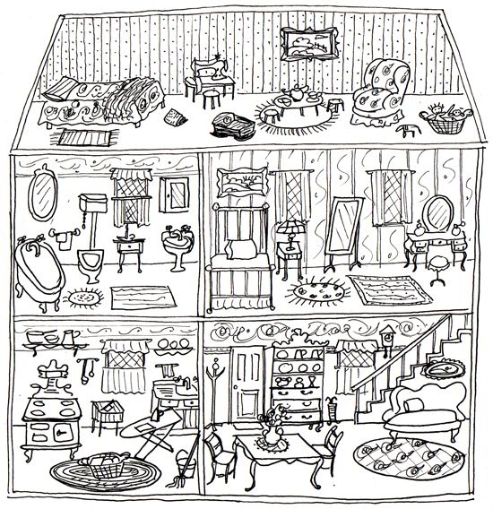 a black and white drawing of a doll house with lots of furniture in the room