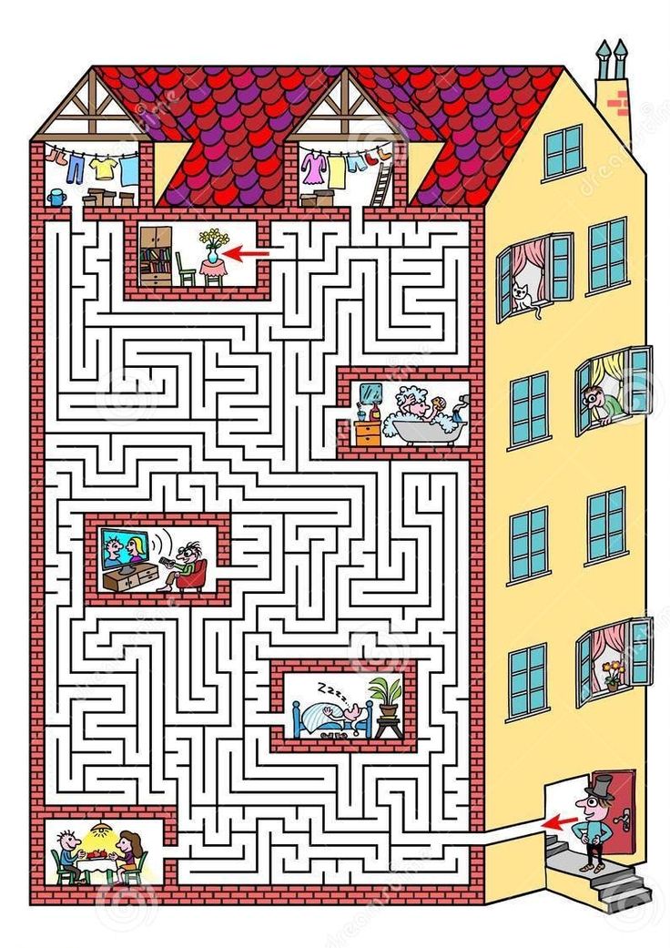 a house with a red roof and a maze on the floor that is in front of it