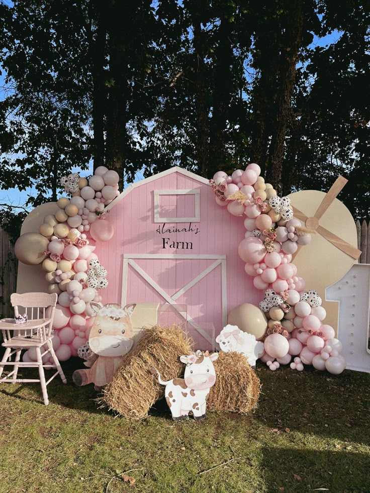 Farm animals, birthday party ideas, farm theme Farm Party Backdrop Ideas, Pink Barnyard Birthday Party, Pink Barnyard Backdrop, Farm Birthday Party Backdrop, 1st Birthday Party Cow Theme, Farm Pink Birthday Party, Pink Farm Party Ideas, Pink Farm First Birthday, 3rd Birthday Cow Theme