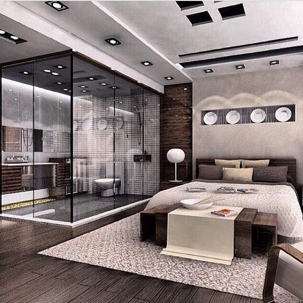 a modern bedroom with glass walls and wood flooring is pictured in this rendering image