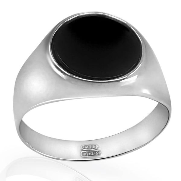 Black Onyx Ring for Men Italian 925 Silver - Size 7 to 13 - VY Jewelry Sterling Silver Jewelry With Polished Edges, Classic Round Signet Ring With Black Enamel, Classic Black Sterling Silver Rings, Classic Black Jewelry With Round Stone, Classic Jewelry With Black Enamel, Classic Round Jewelry With Black Enamel, Timeless Black Enamel Signet Ring, Classic Round Black Enamel Jewelry, Classic White Gold Rings With Black Enamel