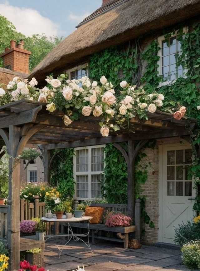 an outdoor covered patio with flowers and greenery