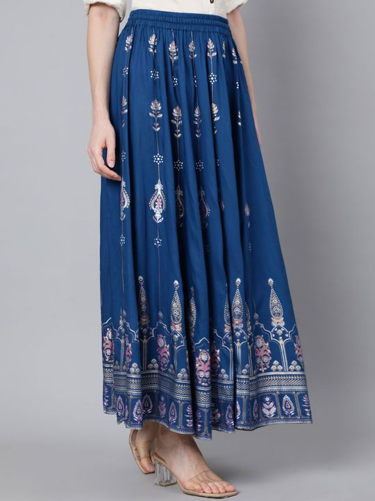 Buy Jaipur Kurti Women Blue Maxi Flared Skirt With Pink And Golden Khadi Print Online Blue Maxi, Skirt Fits, Indian Wear, Jaipur, Flare Skirt, Floral Skirt, Halter Dress, Maxi Skirt, High Waisted Skirt