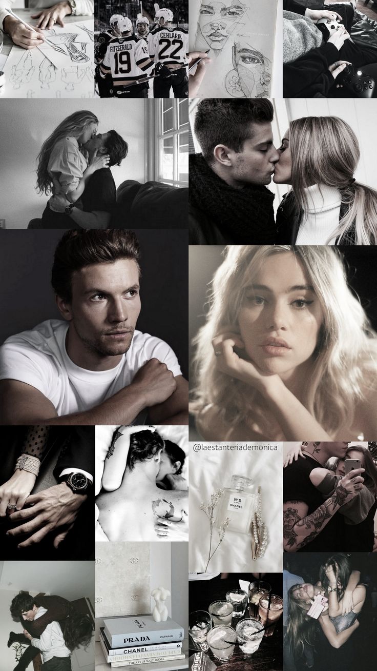 black and white photo collage with man and woman