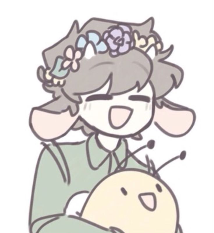 a drawing of a woman holding a baby bird with flowers on her head and an egg in the other hand