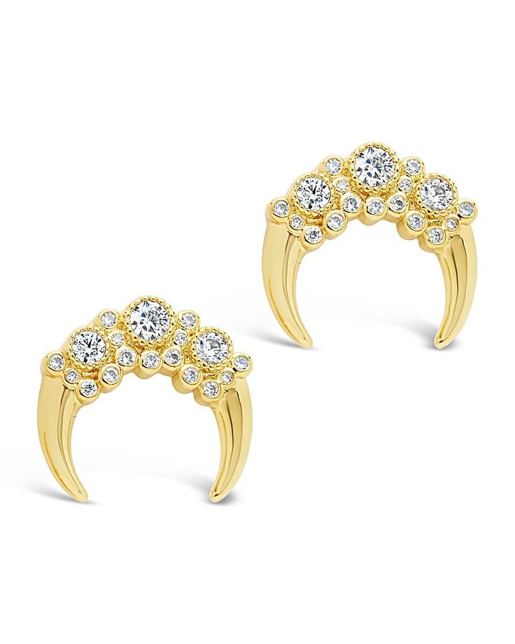 Take your next party or date by storm with these glamorous crescent cluster stud earrings! The golden crescents are each studded with clusters of bright and sparkling CZ stones, making you the girl that no one will be able to look away from. Made from high-quality materials to ensure years of wear. Material: 14K gold p Solid Gold Bracelet, Statement Drop Earrings, Mens Accessories Jewelry, Men Earrings, Earring Sale, Jewelry Case, Pearl Studs, Pearl Drop Earrings, Chains For Men