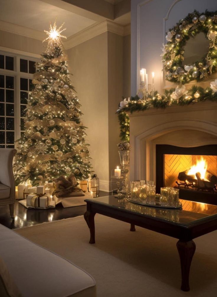 a living room filled with furniture and a fire place next to a christmas tree in front of a fireplace