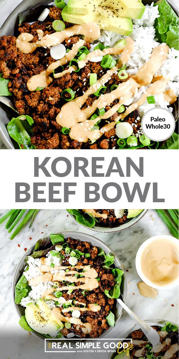 korean beef bowl with rice, lettuce and avocado on the side