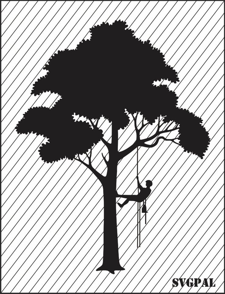 the silhouette of a tree with a man hanging from it's branches and holding onto a