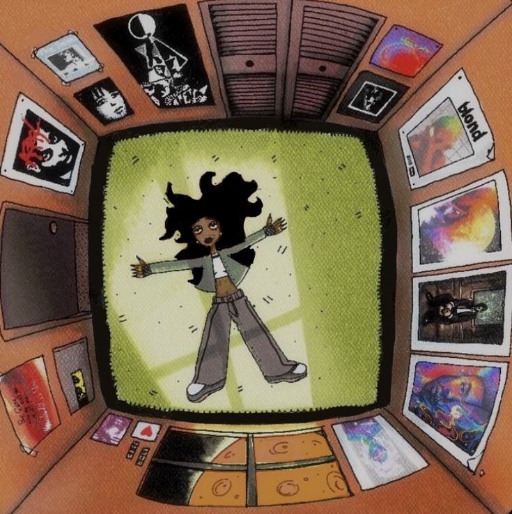 an image of a cartoon character on the television screen with many pictures around it and one person standing in front