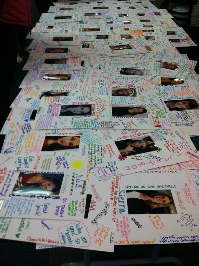 a long table covered in pictures and post it notes with people's names on them