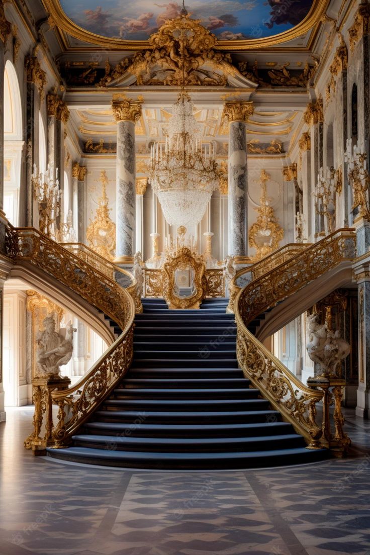 an ornate staircase leading up to the second floor in a palace with gold and white decor