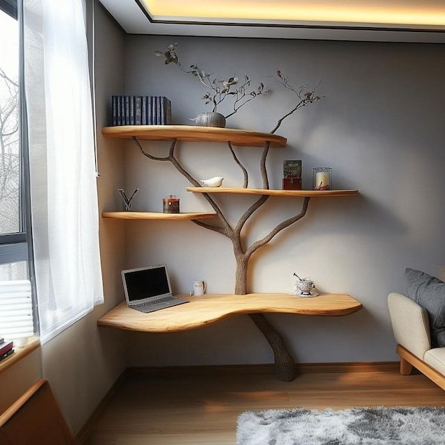 a tree shaped shelf in the corner of a room