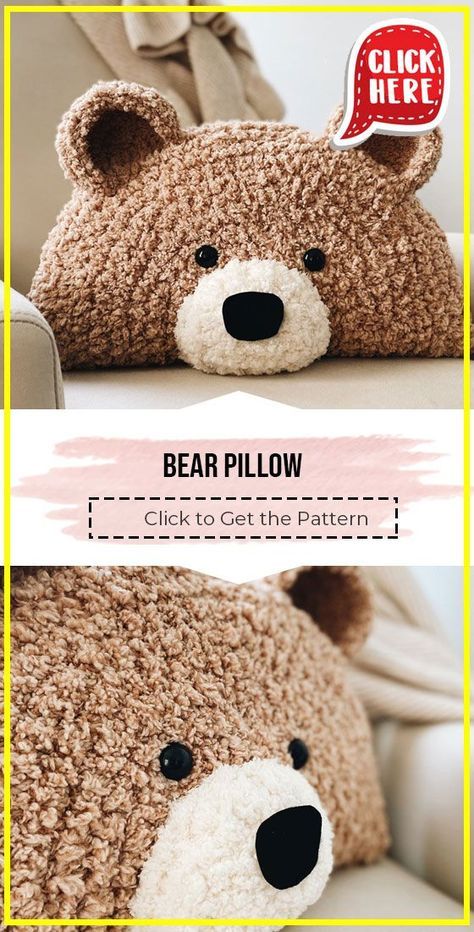 a stuffed teddy bear sitting on top of a white chair next to a sign that says, bear pillow click to get the pattern