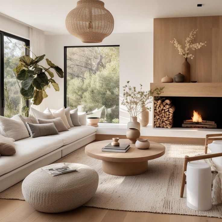 a living room filled with furniture and a fire place next to a large window on top of a hard wood floor