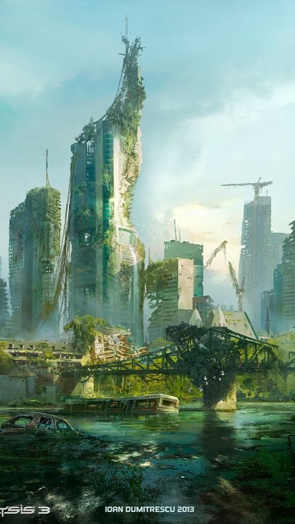 the futuristic city is surrounded by tall buildings and green trees, with a bridge crossing over it