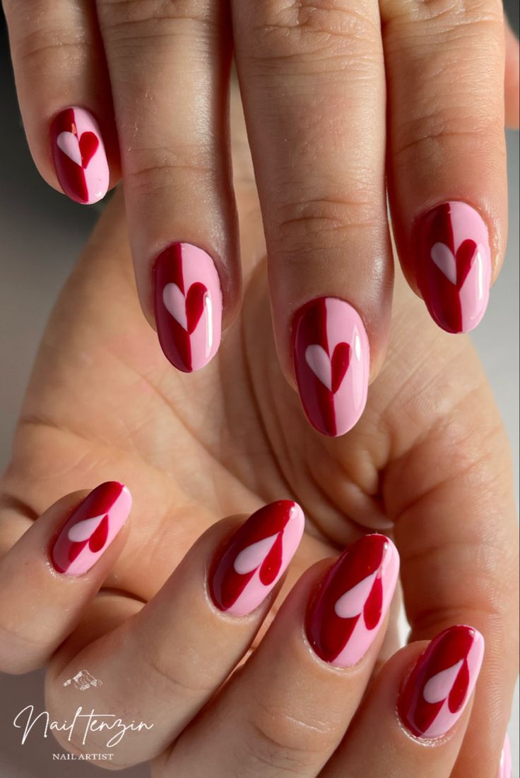 This nail art idea comes from one of the pinterest or instagram nail picture. It was with pink and glitter pink but we decided to do red and pink gelpolish. I really love how it came out. Red Gel Nail Art Designs, Pink Nail Art Short Nails, Red And Pink Nails Short, Raspberry Nail Art, Pink Pattern Nails, Love Nail Art, Heart Nails Pink, Pink Red Nail Art, Hearts Nail Art