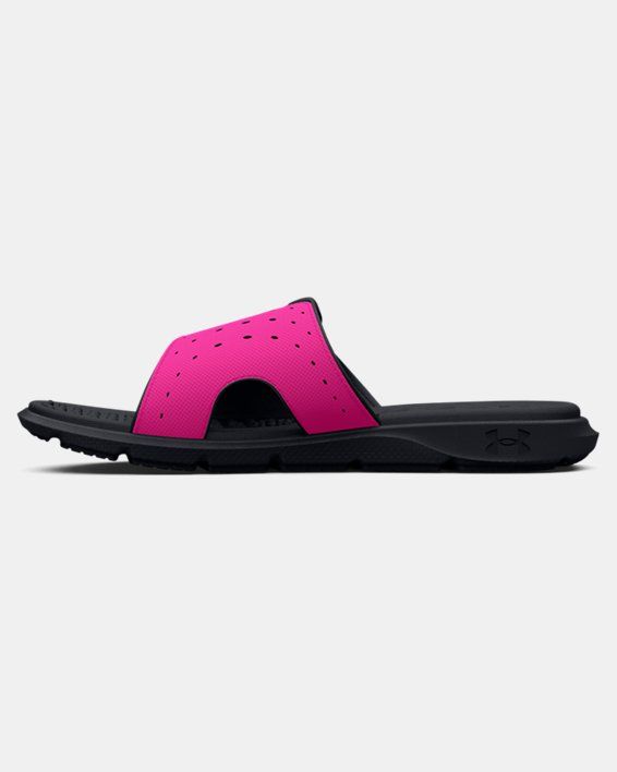 a pair of pink and black sandals