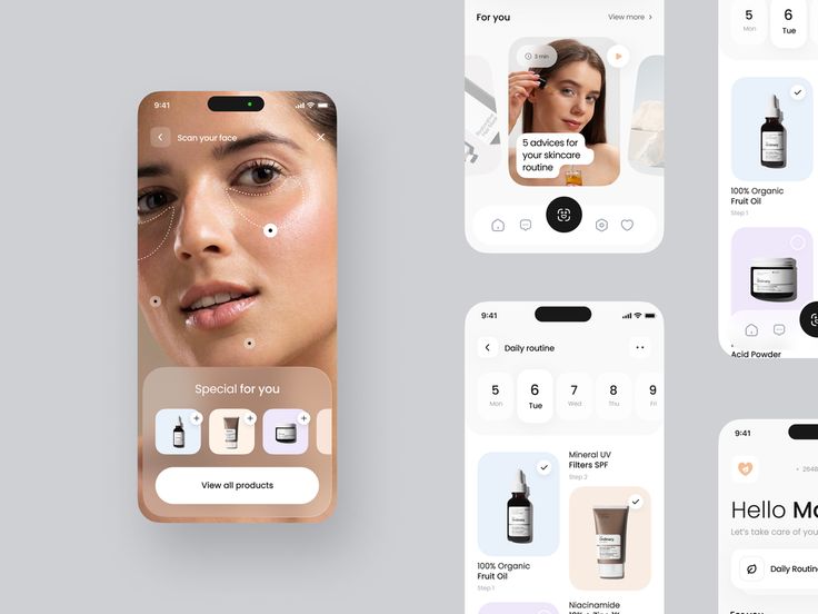 an iphone screen showing the application for skin care and makeup products, with three different screens