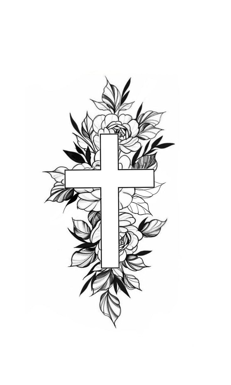 a cross with flowers and leaves around it