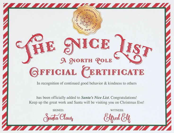 the nice list certificate is displayed in red and white stripes with gold trimmings