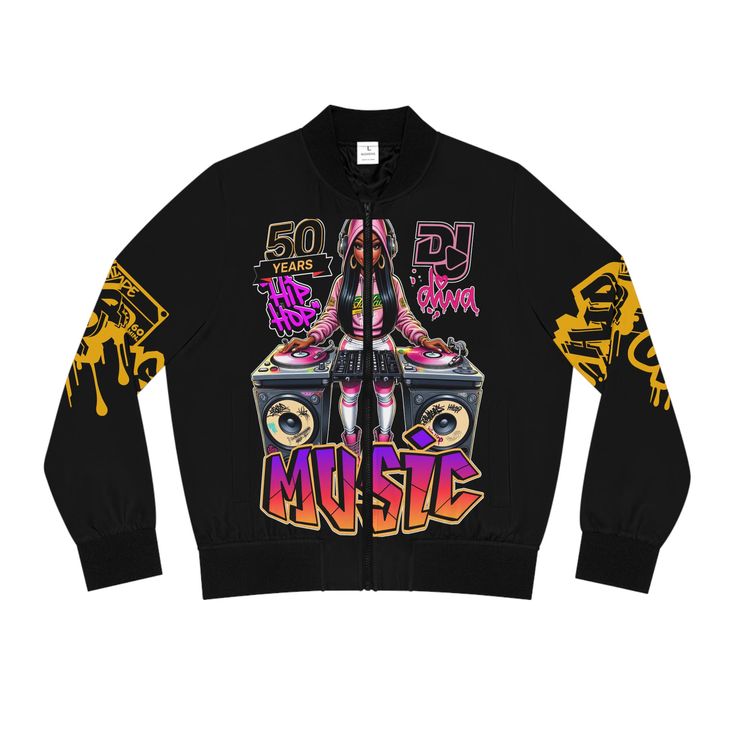 Celebrate 50 years of hip-hop culture with this exclusive Bomber Jacket featuring a stunning, confident female Diva DJ. She exudes style in her pink hoodie, skinny jeans, and matching pink boots. in front of her, two sleek turntables sit atop massive black speakers, ready to drop the beats that have defined a half-century of hip-hop. The centerpiece of this artwork is the bold graffiti-style word "MUSIC" displayed at the bottom, capturing the essence of the culture that has shaped generations. Embrace the rhythm and style of hip-hop with this cool, limited-edition Bomber Jacket.  Few items are as iconic as the bomber jacket - and this one takes things to a whole new level. Featuring a stand-collar type, ribbed cuffs, collar, and hem, it's as durable as it's comfortable. Add drip to your st Casual Graphic Print Outerwear For Concerts, Punk Graphic Print Outerwear For Streetwear, Pink Punk Outerwear For Streetwear, Fitted Graffiti Print Outerwear For Streetwear, Black Speaker, Pink Boots, Hip Hop Culture, The Culture, Pink Hoodie