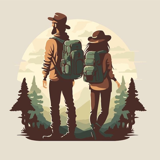 two people with backpacks standing in front of the sun and trees, looking at each other